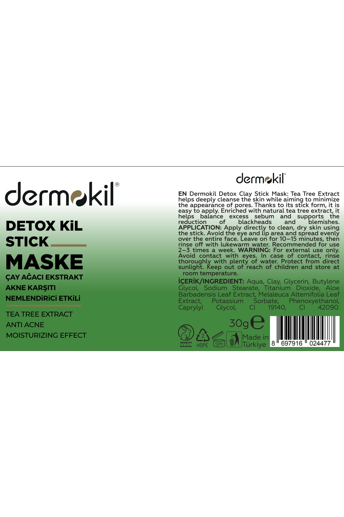 Çay ağacı ekstresi içeren akne karşıtı detoks stick kil maskesi ile cildi arındıran, fazla yağı dengeleyen ve akne görünümünü azaltmaya yardımcı olarak daha temiz ve pürüzsüz bir cilt görünümü kazandıran bakım ürünü