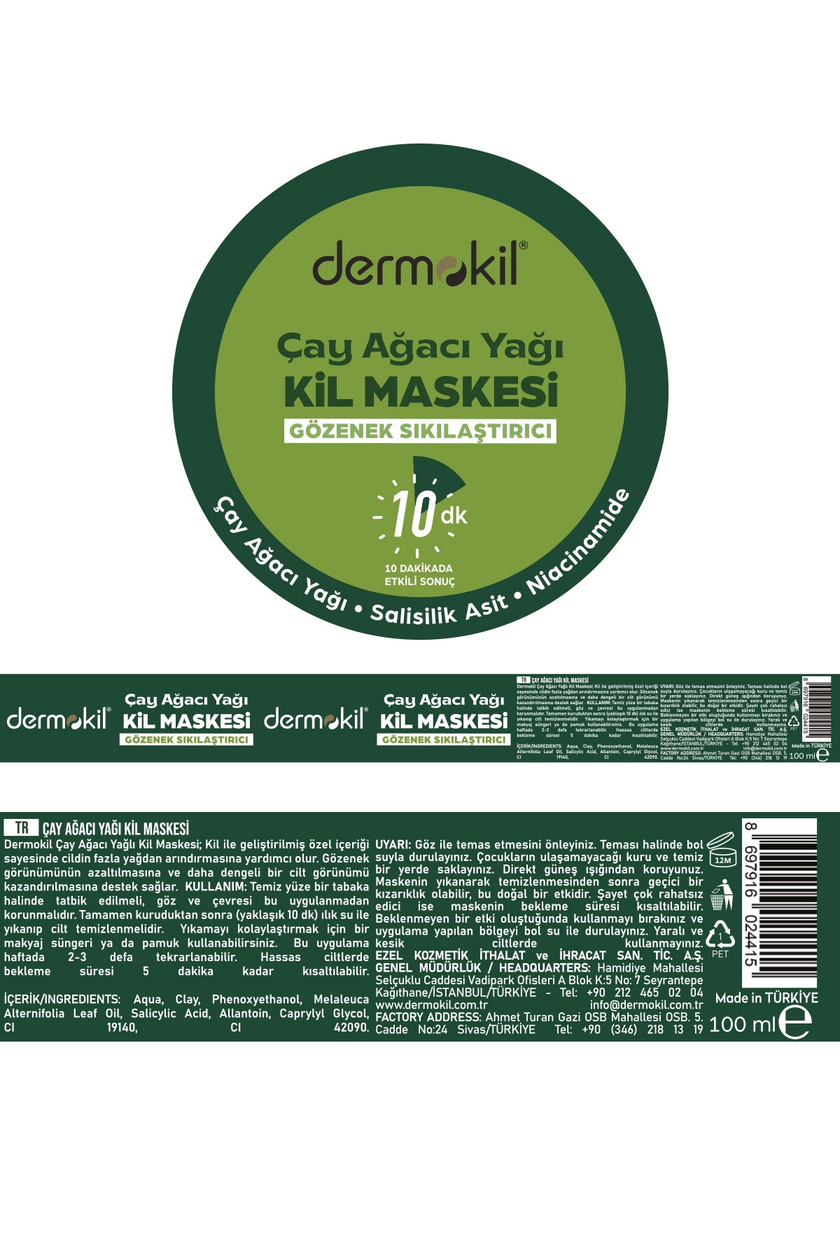 Gözenek Sıkılaştırıcı Çay Ağacı Yağı Kil Maskesi 100 ml, Dermokil.