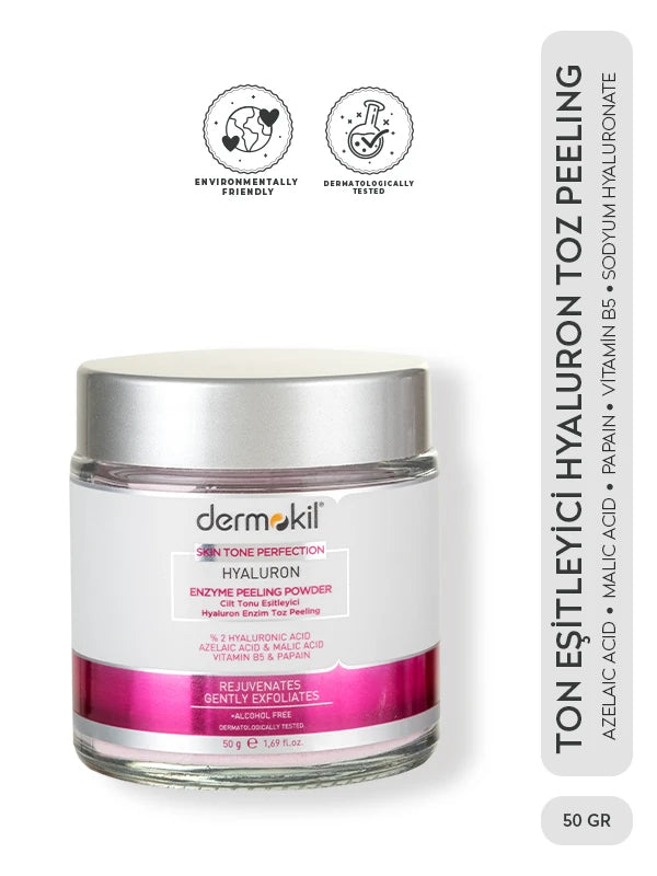 Hyaluron içerikli enzim toz peeling ile cildi nazikçe arındıran, ölü deriyi temizleyen ve cilt tonunu eşitlemeye yardımcı bakım ürünü