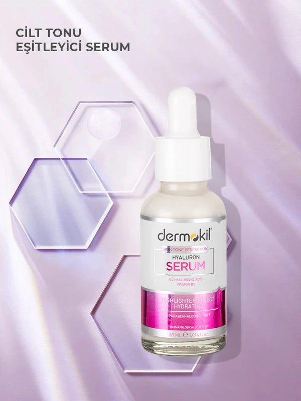 Hyaluron içeren ton eşitleyici serum ile cildi yoğun şekilde nemlendiren, cilt tonunu dengeleyen ve daha pürüzsüz, canlı bir görünüm kazandırmaya yardımcı olan bakım ürünü