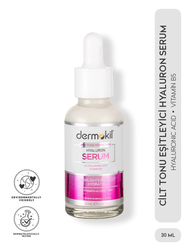 Hyaluron içeren ton eşitleyici serum ile cildi yoğun şekilde nemlendiren, cilt tonunu dengeleyen ve daha pürüzsüz, canlı bir görünüm kazandırmaya yardımcı olan bakım ürünü