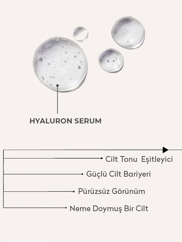 Hyaluron içeren ton eşitleyici serum ile cildi yoğun şekilde nemlendiren, cilt tonunu dengeleyen ve daha pürüzsüz, canlı bir görünüm kazandırmaya yardımcı olan bakım ürünü