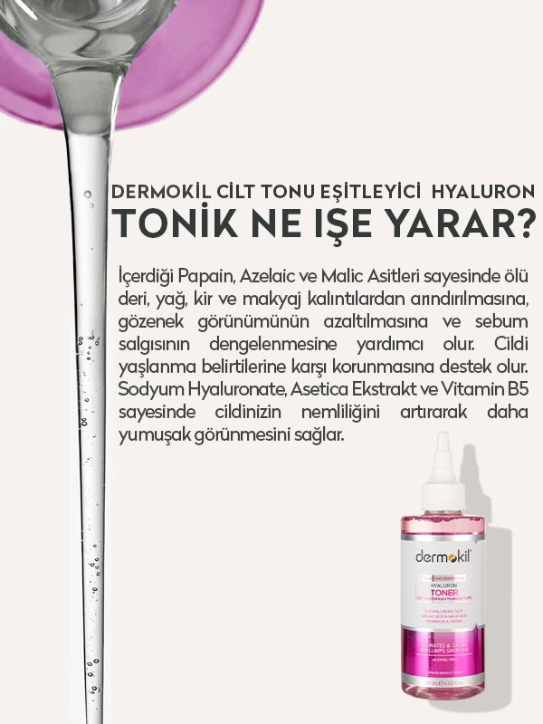 Hyaluron içeren ton eşitleyici tonik ile cildi arındıran, nemlendiren ve daha dengeli, pürüzsüz bir cilt görünümü kazandırmaya yardımcı olan bakım ürünü