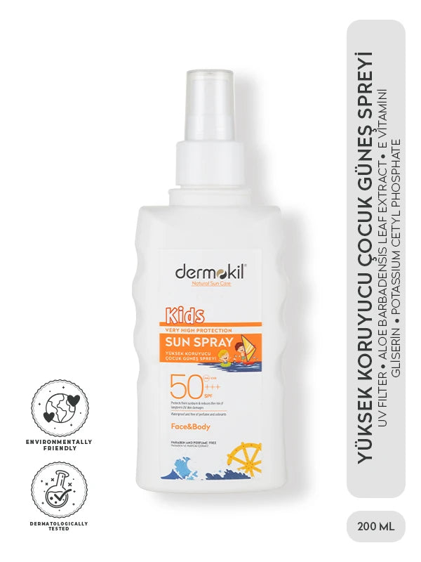 SPF 50 çocuk güneş spreyi ile hassas ciltleri güneşin zararlı UV ışınlarına karşı koruyan, pratik sprey formu ile kolay uygulama sağlayan güneş koruyucu
