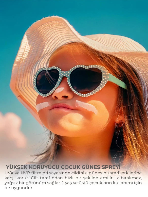 SPF 50 çocuk güneş spreyi ile hassas ciltleri güneşin zararlı UV ışınlarına karşı koruyan, pratik sprey formu ile kolay uygulama sağlayan güneş koruyucu