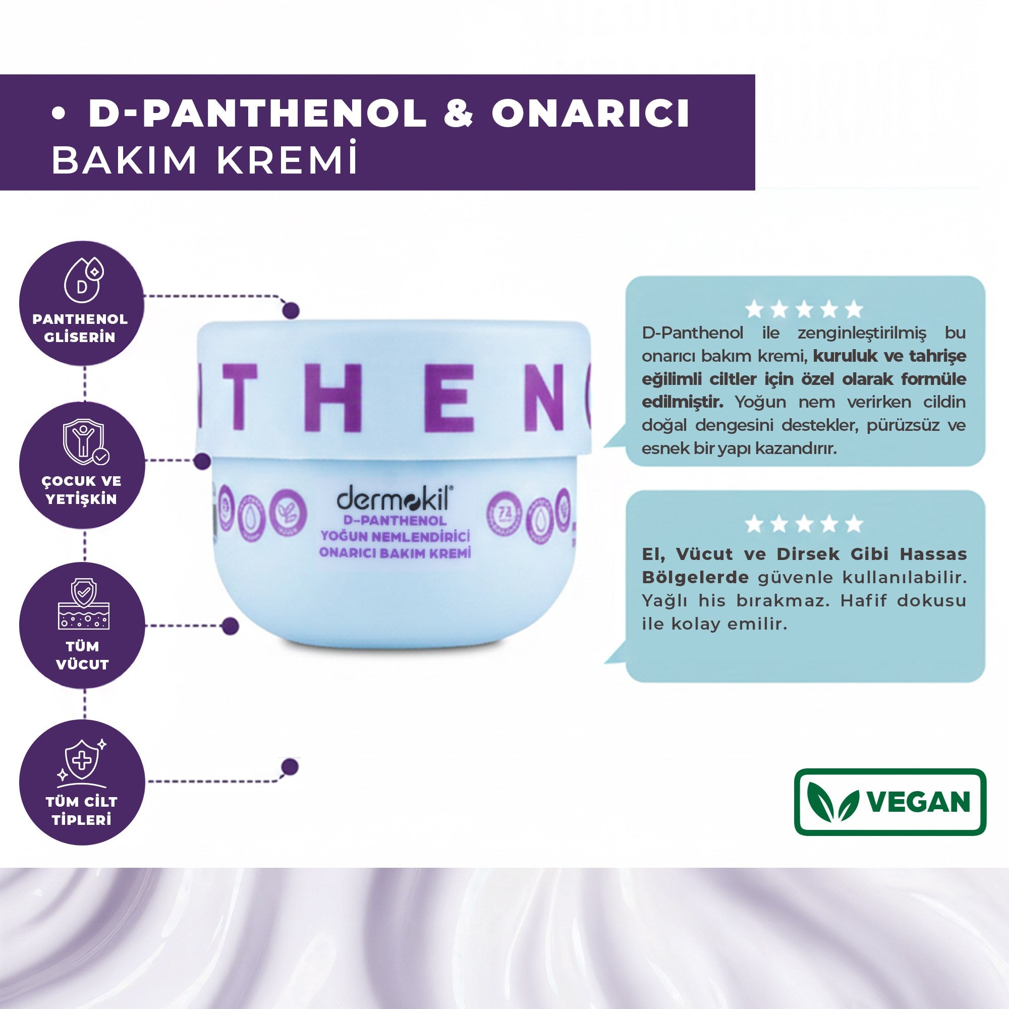 D-Panthenol içeren yoğun nemlendirici onarıcı krem ile cildi derinlemesine nemlendiren, yatıştıran ve cilt bariyerini güçlendirmeye yardımcı olan bakım ürünü