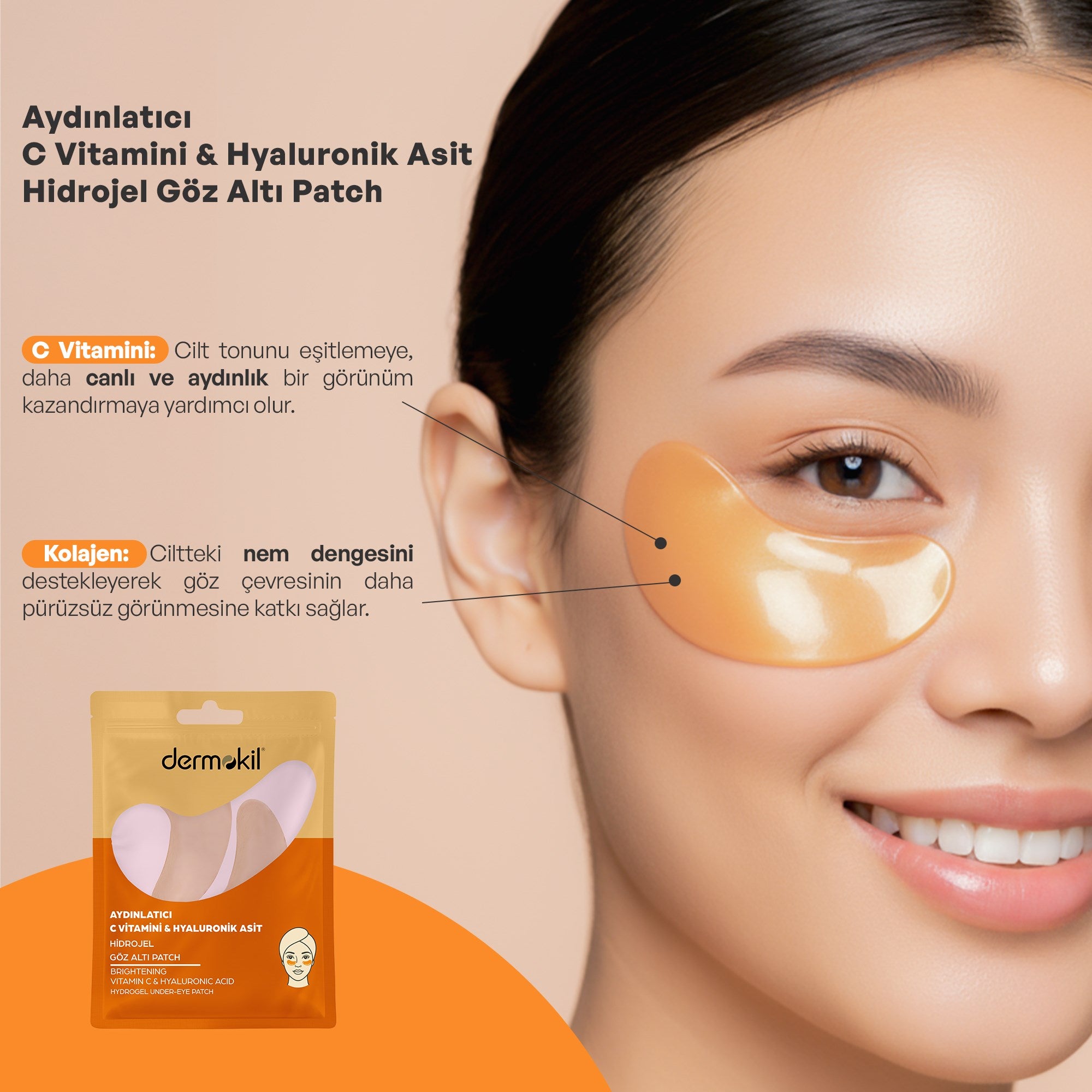 Aydınlatıcı C Vitamini Hyalüronik Asit Hidrojel Göz Altı Patch 7 g, Dermokil.