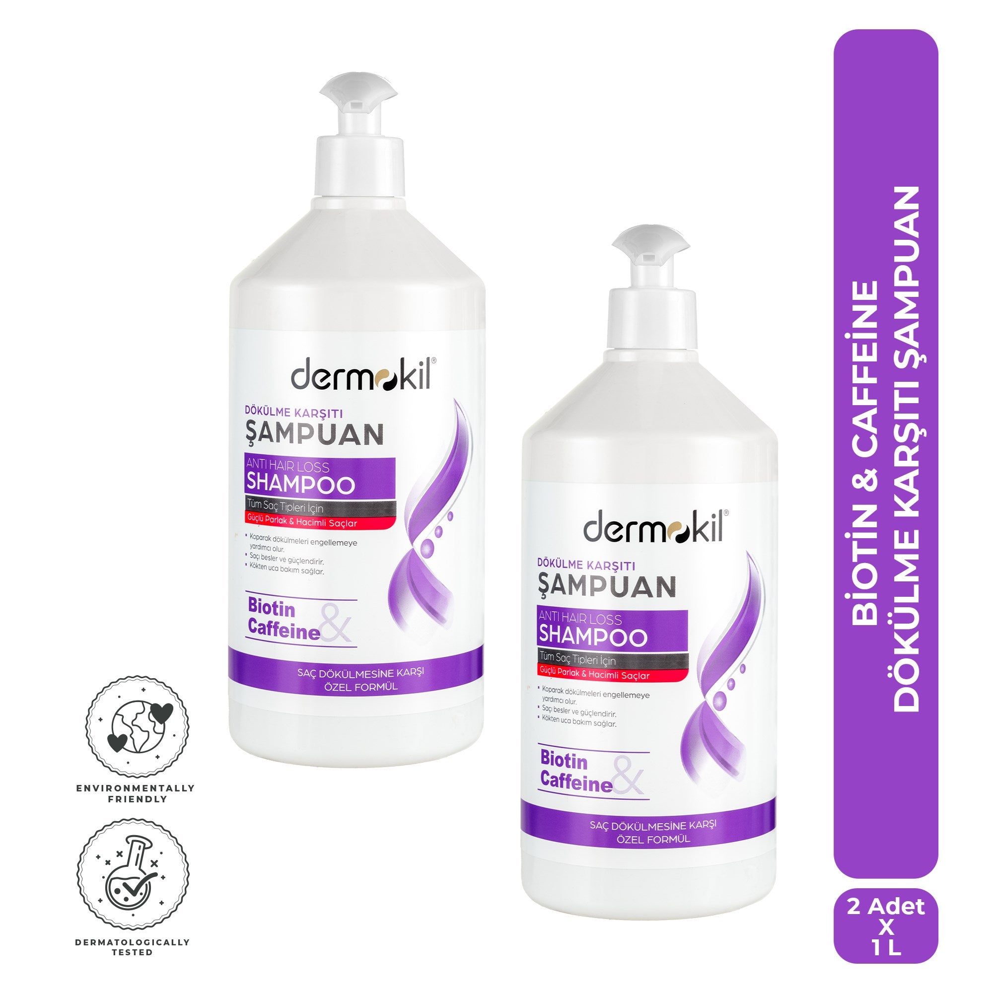 Dökülme Karşıtı Biotin Kafein Şampuan 1 lt 2'li Set, Dermokil.