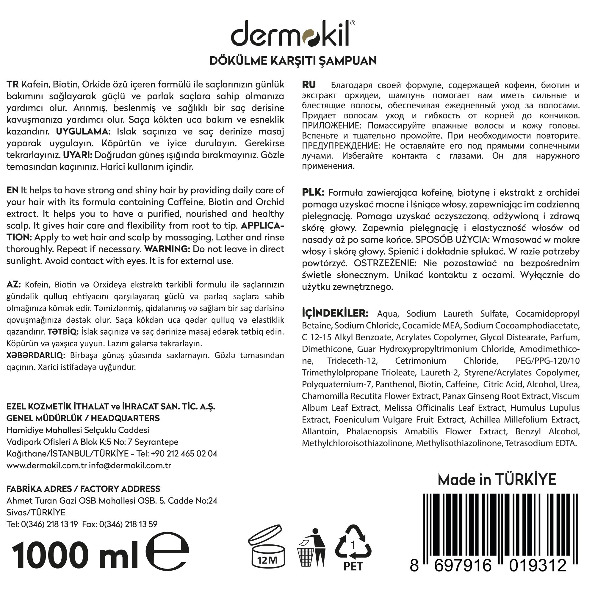 Dökülme Karşıtı Biotin Kafein Şampuan 1 lt 2'li Set, Dermokil.