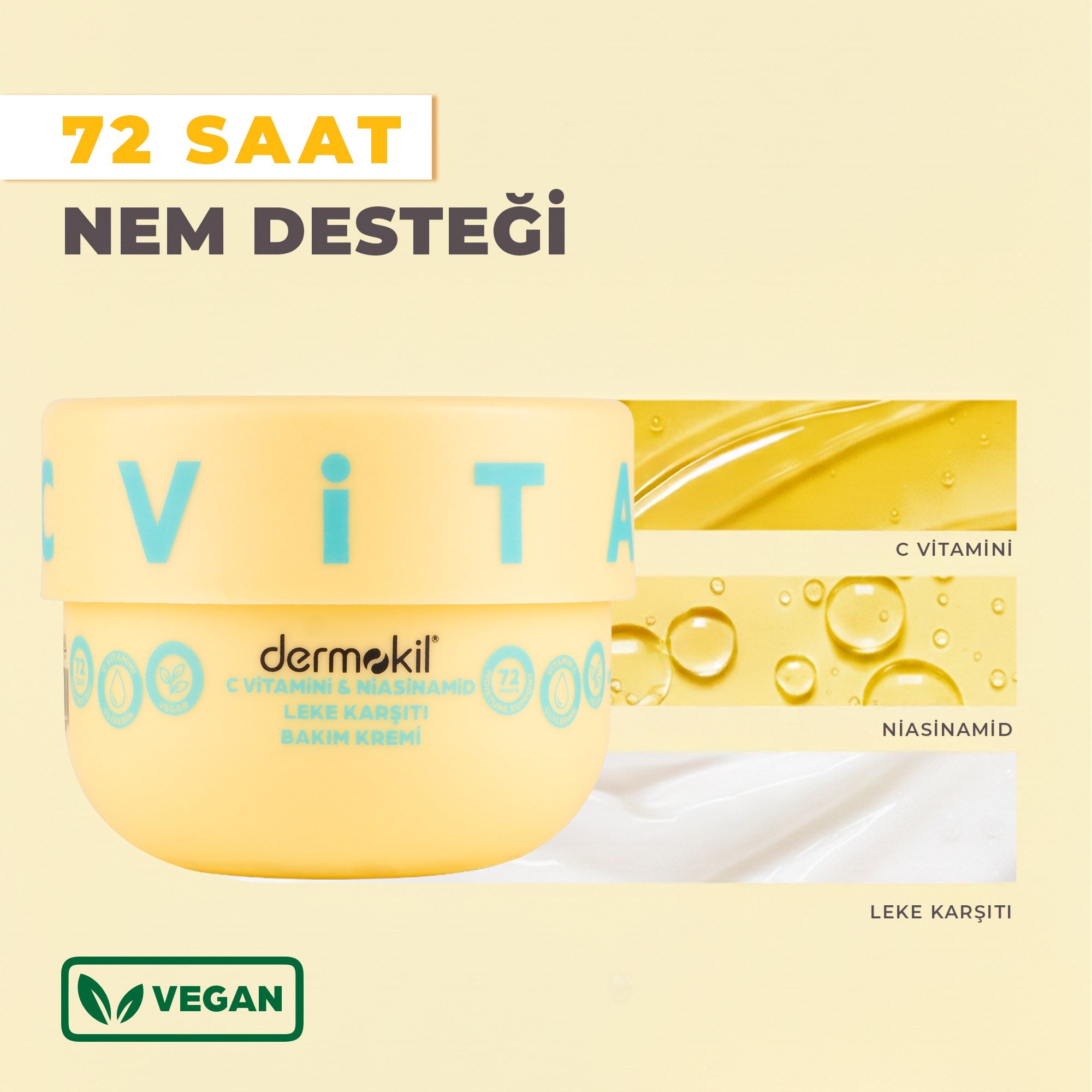 C vitamini ve niasinamid içeren leke karşıtı bakım kremi ile cilt tonunu eşitleyerek daha aydınlık bir görünüm sağlar
