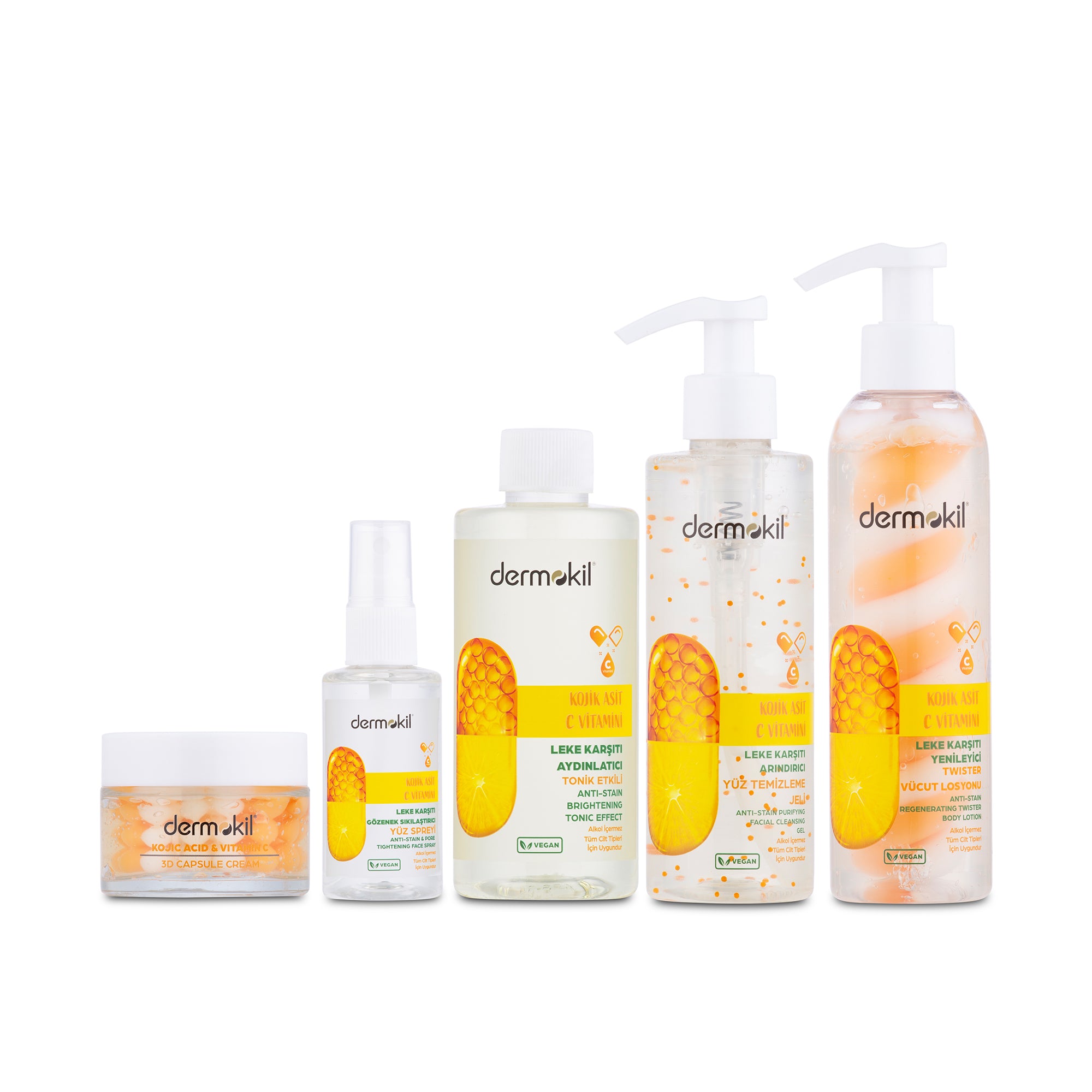 Dermokil kojik asit ve C vitamini serisi cildi aydınlatarak daha parlak ve sağlıklı bir görünüm kazandırır
