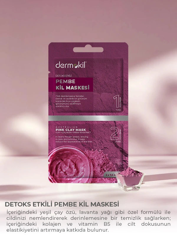 Detoks etkili pembe kil maske ile cildi arındıran, gözenekleri temizleyen ve daha canlı, sağlıklı bir cilt görünümü kazandırmaya yardımcı bakım ürünü