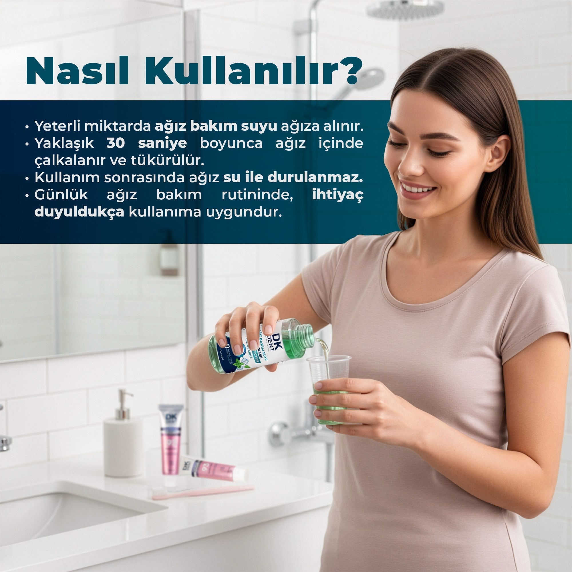 Nane özlü seyahat boy ağız bakım suyu ile ağız içini temizleyen, kötü kokuyu önlemeye yardımcı olan ve gün boyu ferahlık sağlayan pratik ağız bakım ürünü