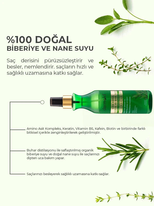 Dermokil biberiye suyu sprey saç dökülmesine karşı bakım sunarak saçların daha dolgun ve canlı görünmesine yardımcı olur