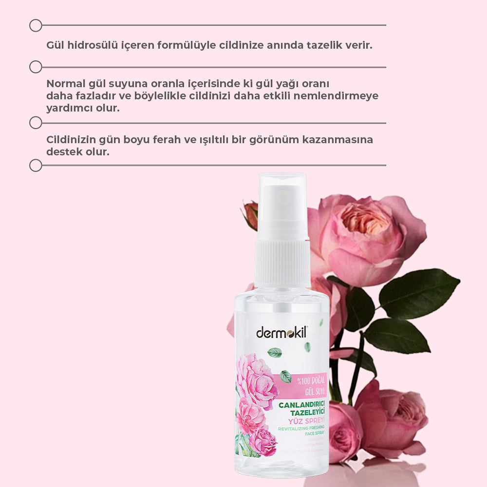 Günlük kullanıma uygun gül suyu spreyi ile cildi ferahlatır ve nem dengesini korumaya yardımcı olur
