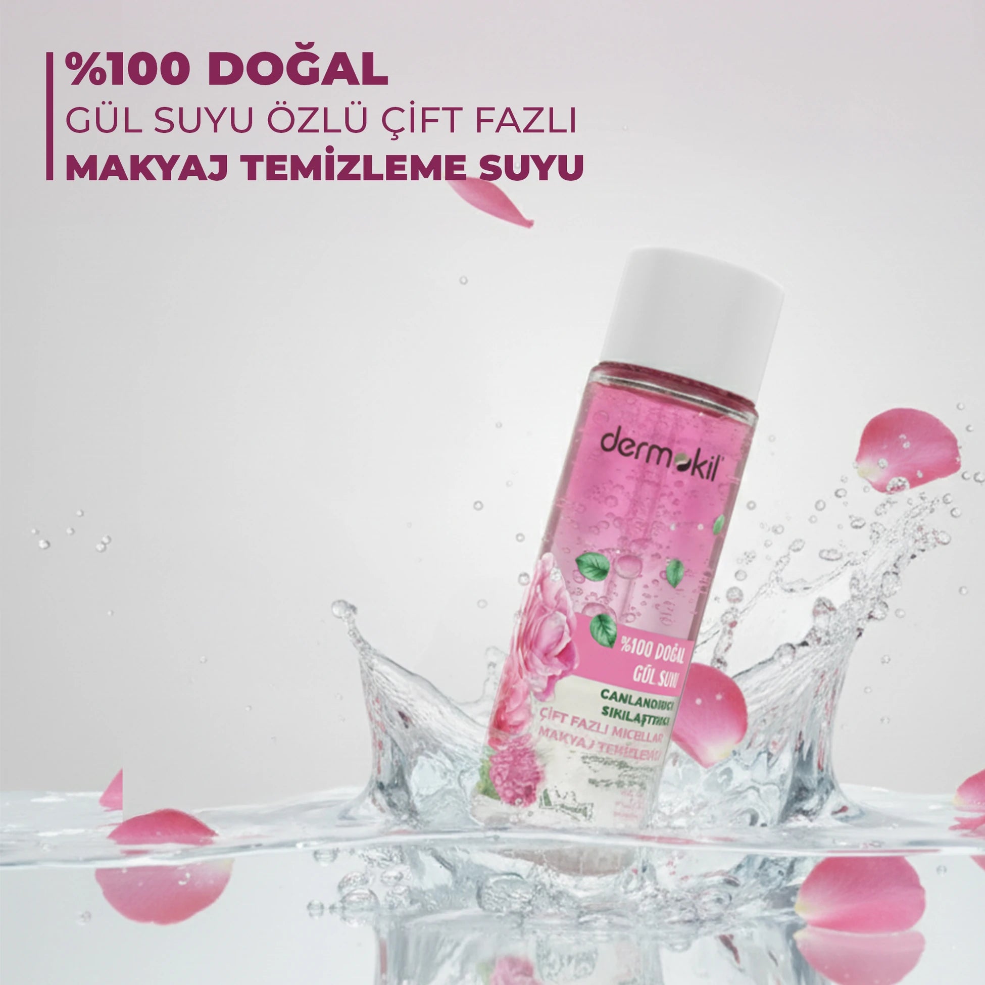 %100 doğal gül suyu içeren çift fazlı micellar makyaj temizleme suyu ile makyajı nazikçe temizleyen, cildi arındıran ve nem dengesini korumaya yardımcı olan bakım ürünü