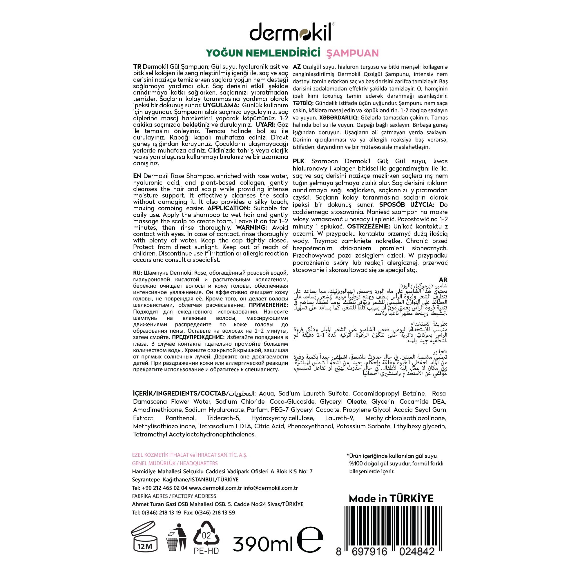%100 doğal gül suyu içeren şampuan ile saçları nazikçe temizleyen, saç derisini ferahlatan ve saçlara daha canlı, yumuşak ve parlak bir görünüm kazandırmaya yardımcı bakım ürünü