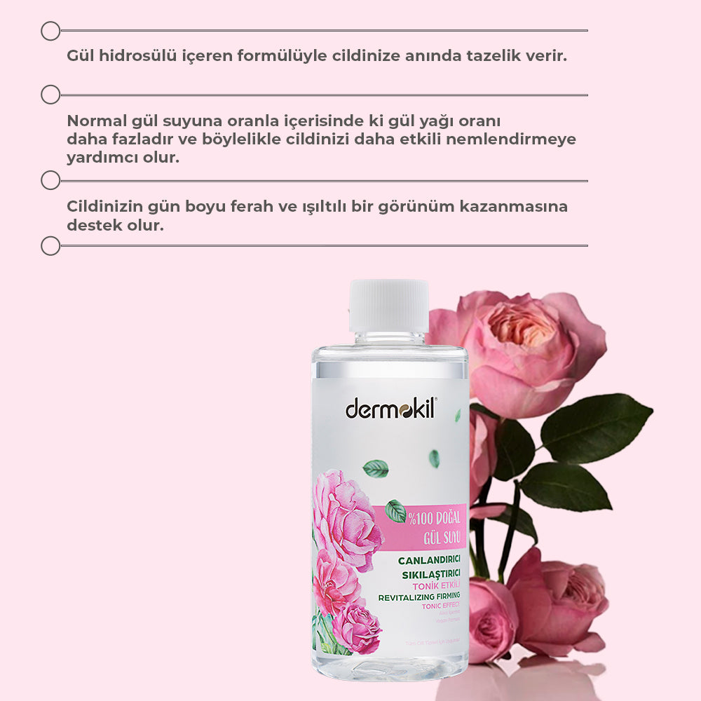 %100 doğal gül suyu içeren sıkılaştırıcı tonik ile cildi arındıran, gözenek görünümünü azaltmaya yardımcı olan ve daha canlı bir cilt görünümü kazandıran bakım ürünü