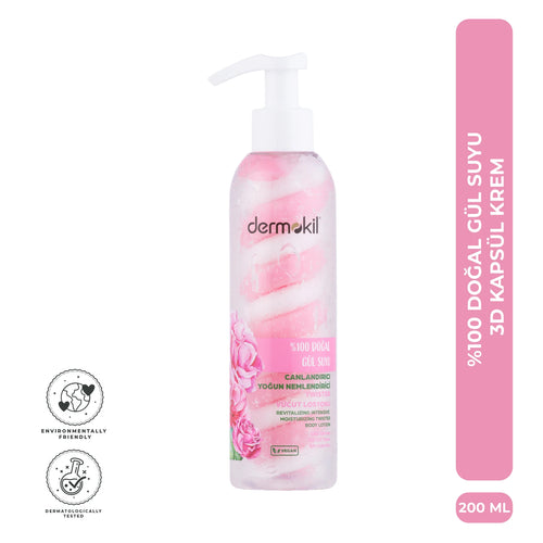 %100 doğal gül suyu içeren vücut losyonu ile cildi yoğun şekilde nemlendiren, ferahlatan ve daha canlı bir görünüm kazandırmaya yardımcı olan bakım ürünü