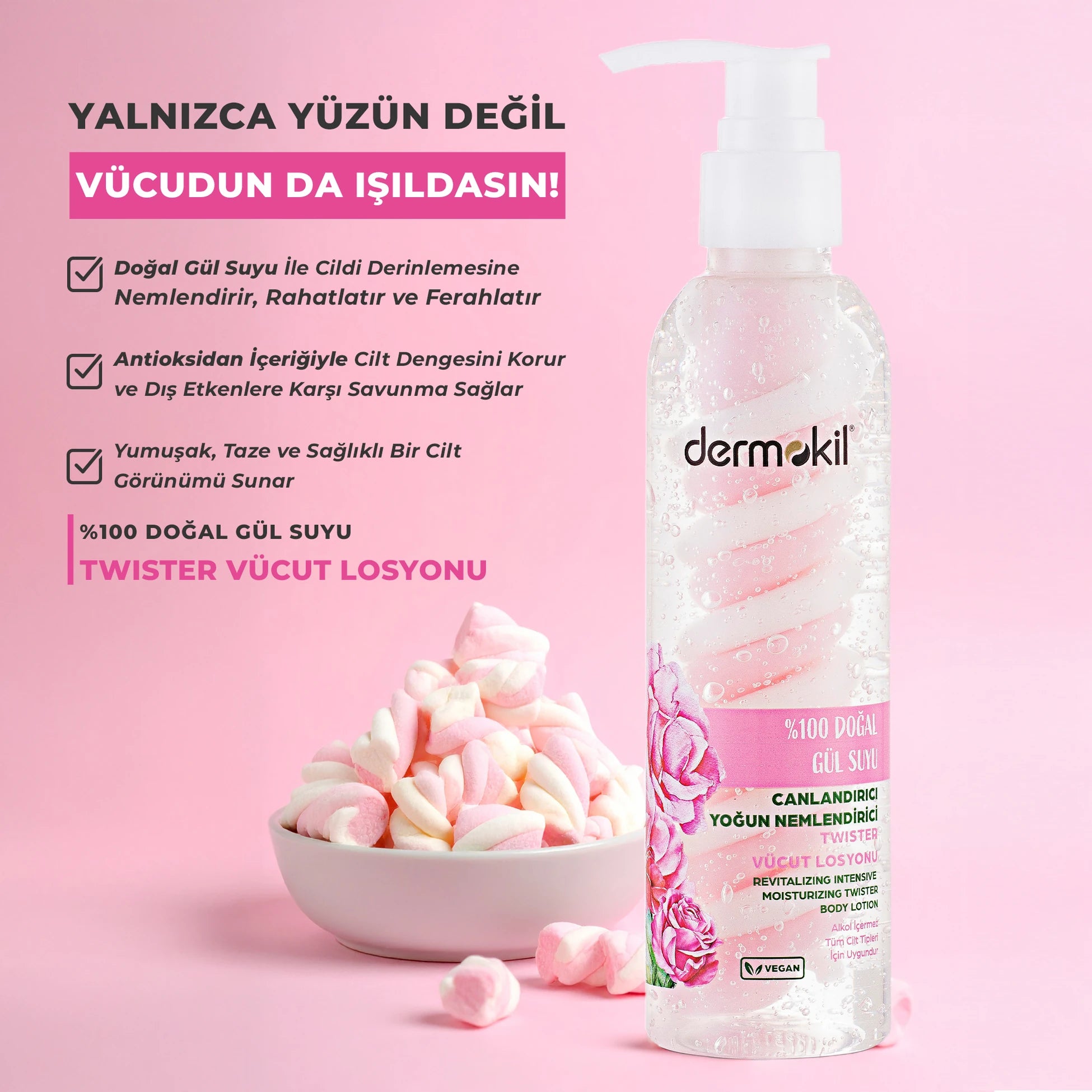 %100 doğal gül suyu içeren vücut losyonu ile cildi yoğun şekilde nemlendiren, ferahlatan ve daha canlı bir görünüm kazandırmaya yardımcı olan bakım ürünü