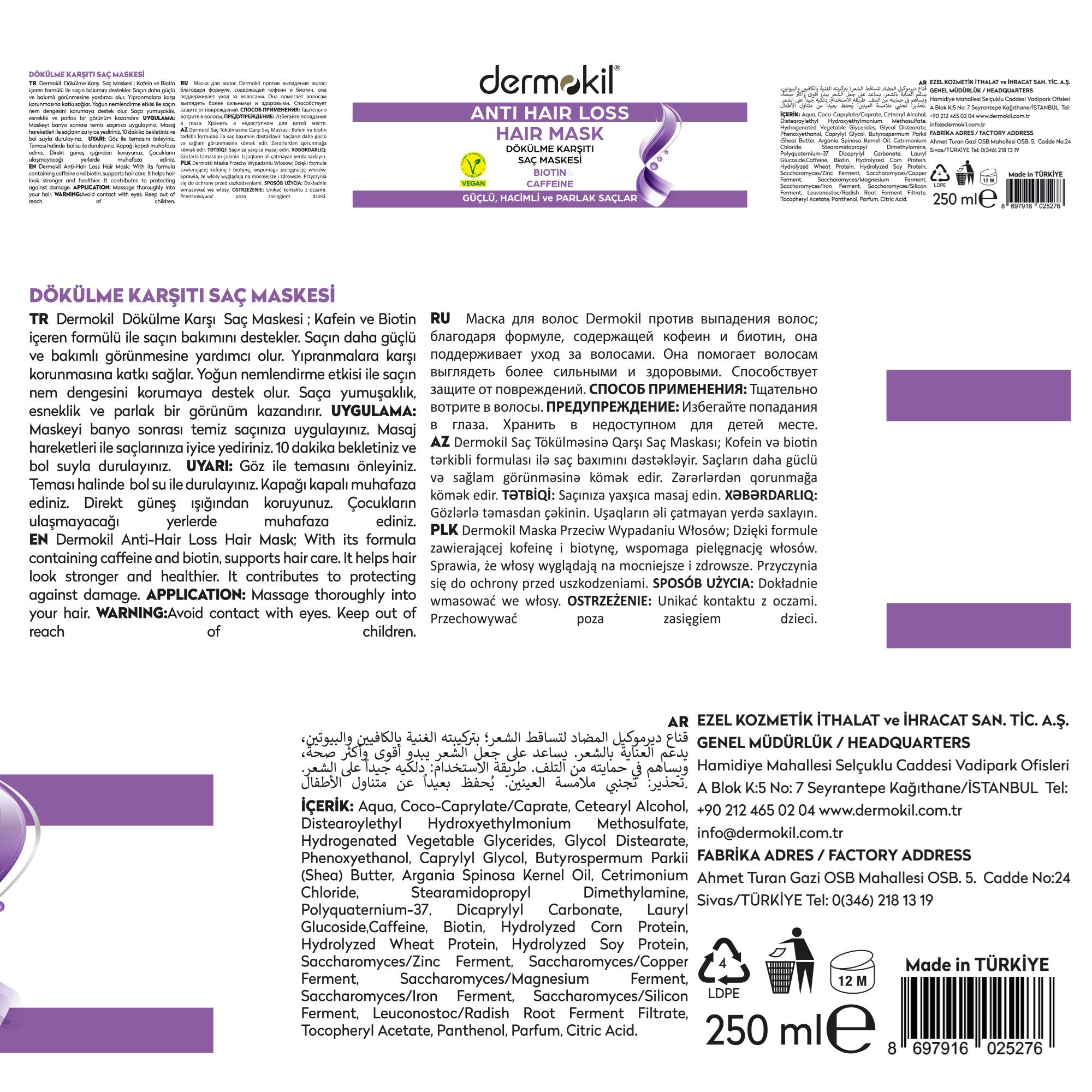 Dökülme Karşıtı (Biotine-Caffeine) Saç Bakım Maskesi 250 ml - Dermokil
