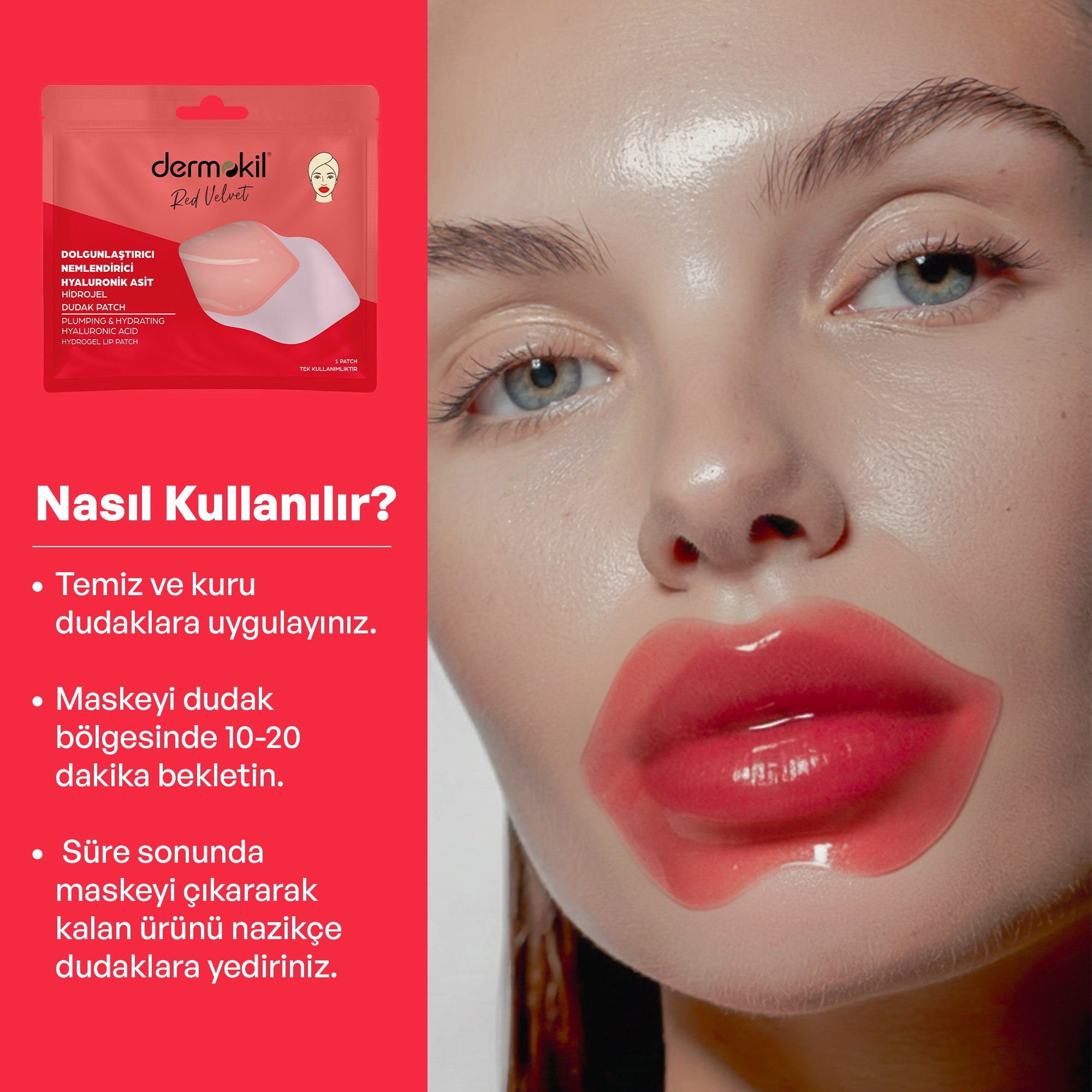 Hyaluronik asit içeren dolgunlaştırıcı dudak maskesi ile dudakları yoğun şekilde nemlendiren, dolgun görünüm kazandıran ve daha pürüzsüz, yumuşak dudaklar elde etmeye yardımcı bakım ürünü