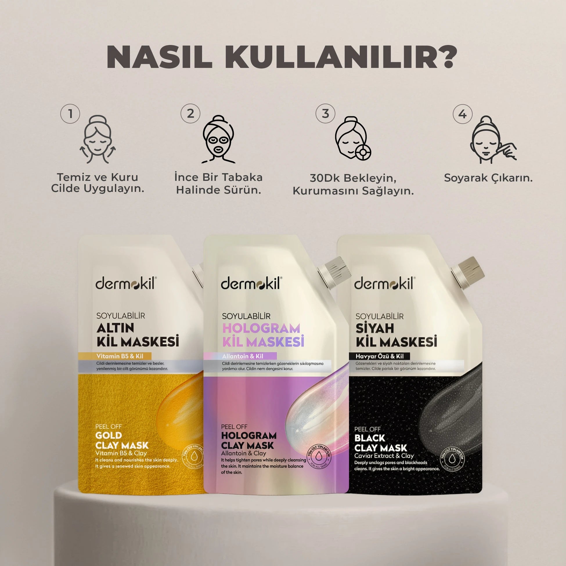 Hologram etkili soyulabilir doypack maske ile cildi arındıran, ölü deriyi temizleyen ve daha parlak, pürüzsüz bir cilt görünümü kazandırmaya yardımcı olan bakım ürünü