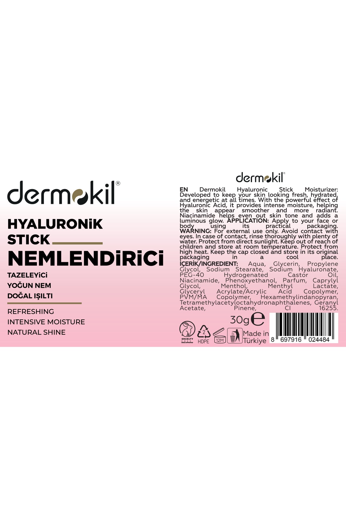 Hyaluronik asit içeren nemlendirici stick ile cildi yoğun şekilde nemlendiren, dolgunluk kazandıran ve daha pürüzsüz, canlı ve sağlıklı bir cilt görünümü destekleyen pratik bakım ürünü