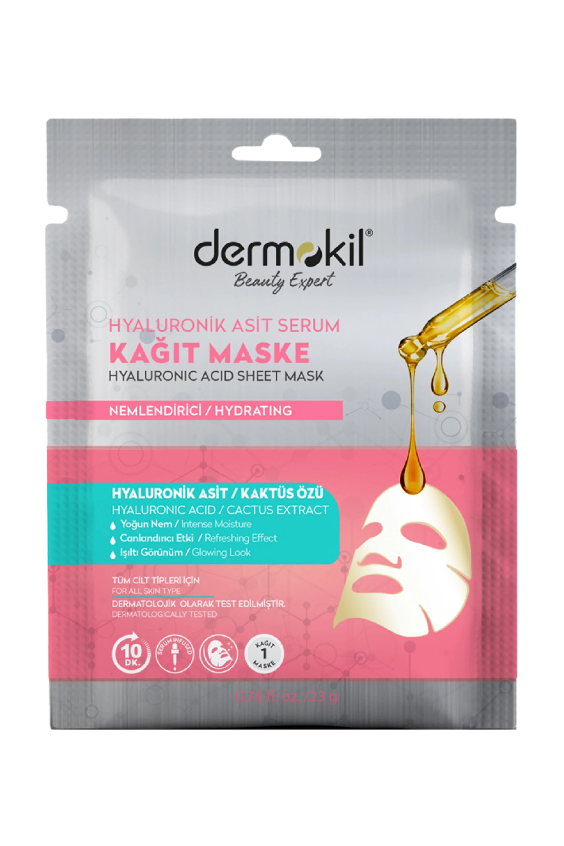 Hyaluronik asit içeren serum kağıt yüz maskesi ile cildi yoğun şekilde nemlendiren, dolgunluk kazandıran ve daha pürüzsüz bir görünüm sağlayan bakım ürünü