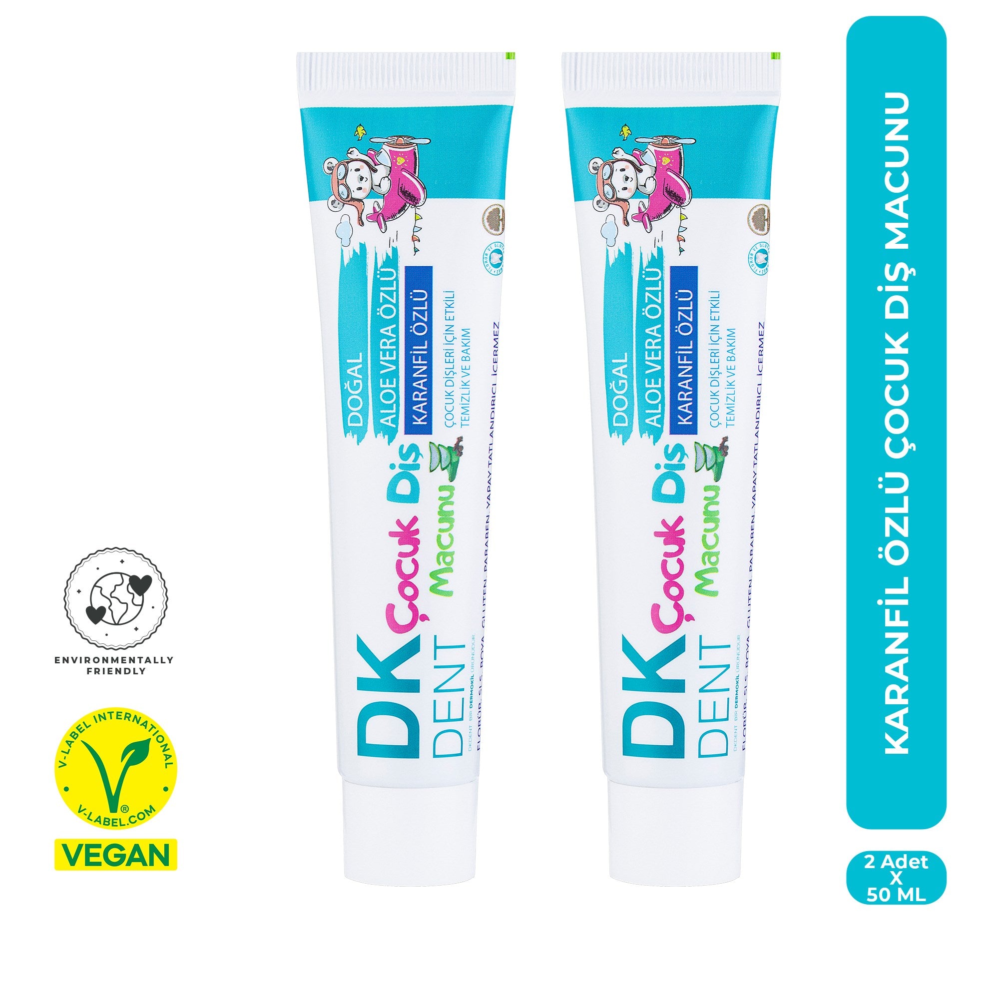 Karanfil özlü çocuk diş macunu 2'li set ile dişleri nazikçe temizleyen, ağız bakımını destekleyen ve çocuklar için güvenli kullanım sunan doğal içerikli bakım ürünü