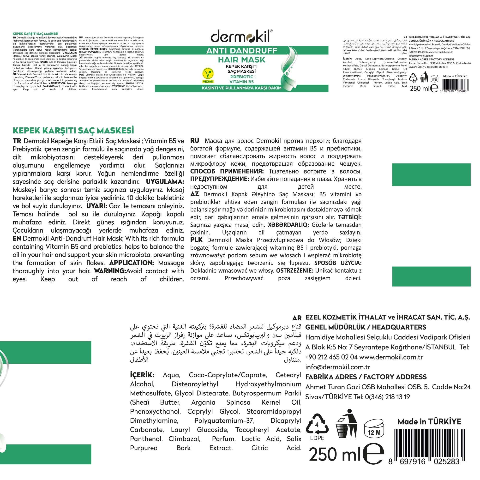 Kepeğe Karşı Prebiotic & Vitamin B5 Saç Bakım Maskesi 250 ml - Dermokil