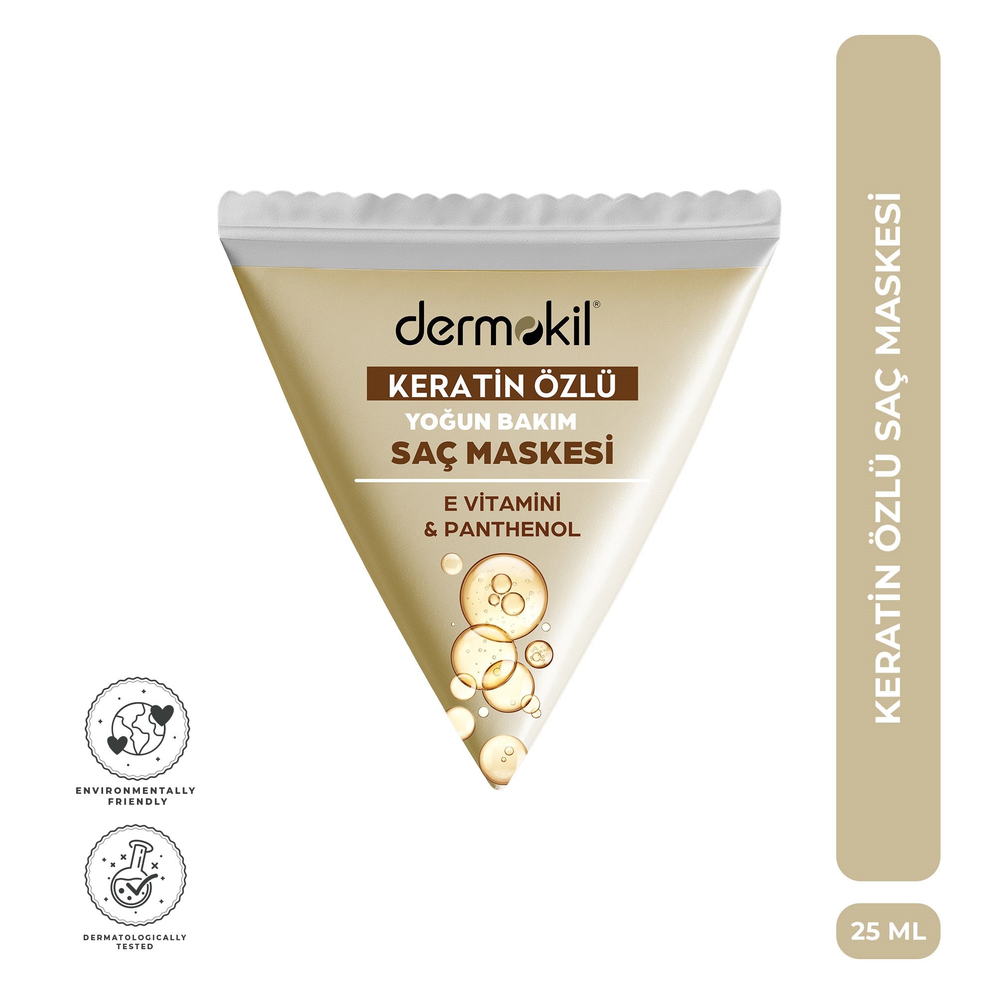 Keratin içerikli saç maskesi ile yıpranmış saçları onarmaya, saç tellerini güçlendirmeye ve daha pürüzsüz, parlak ve sağlıklı bir saç görünümü kazandırmaya yardımcı bakım ürünü