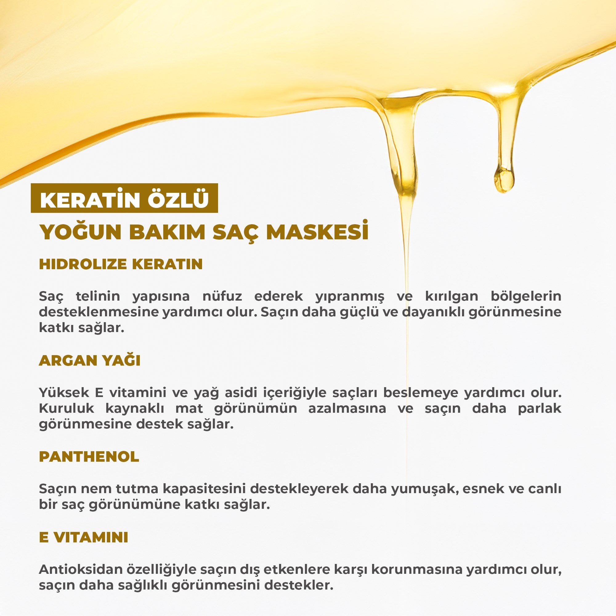 Keratin içerikli saç maskesi ile yıpranmış saçları onarmaya, saç tellerini güçlendirmeye ve daha pürüzsüz, parlak ve sağlıklı bir saç görünümü kazandırmaya yardımcı bakım ürünü