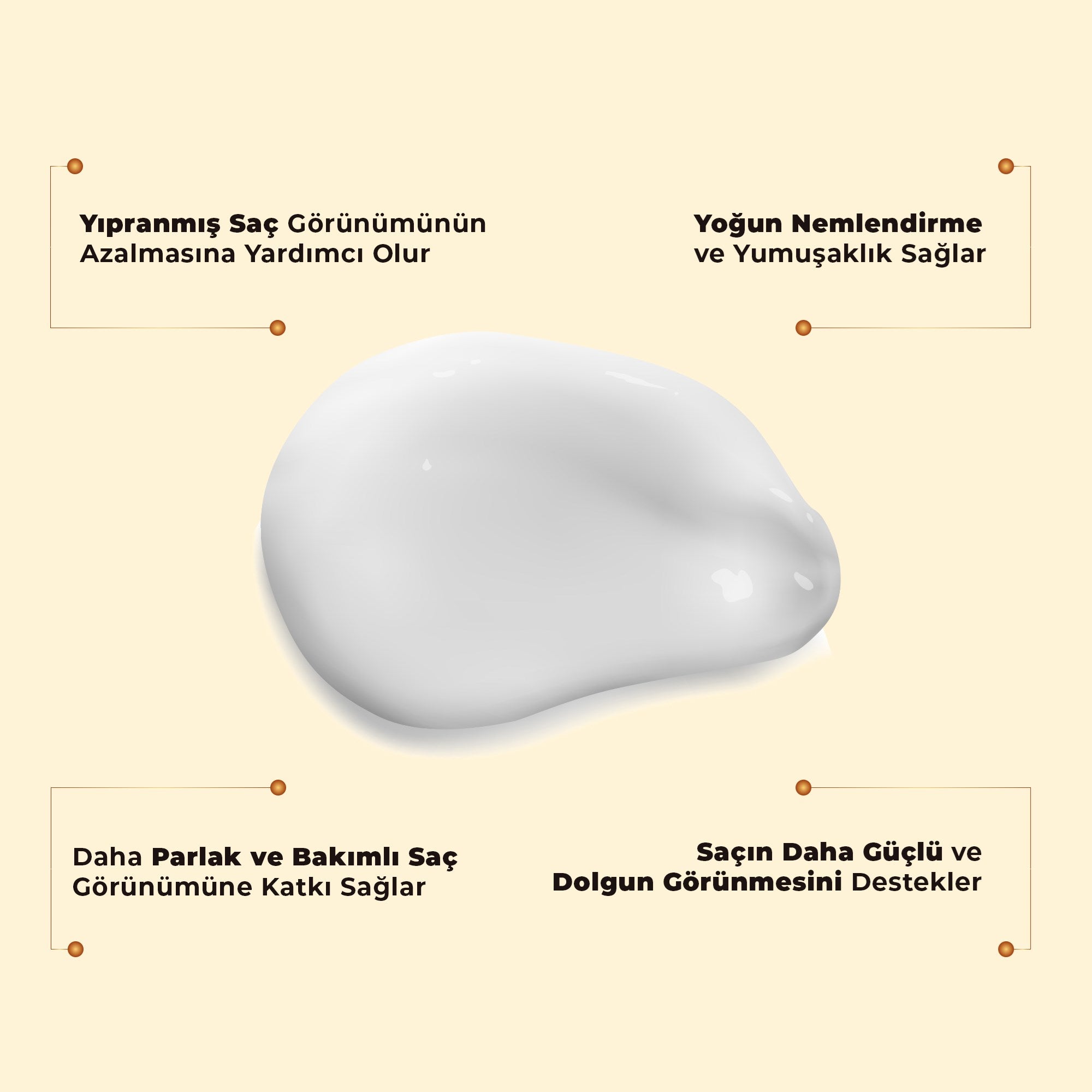 Keratin içerikli saç maskesi ile yıpranmış saçları onarmaya, saç tellerini güçlendirmeye ve daha pürüzsüz, parlak ve sağlıklı bir saç görünümü kazandırmaya yardımcı bakım ürünü