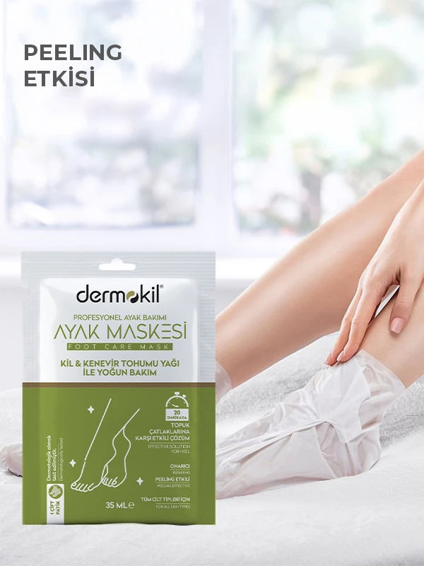 Kil ve kenevir yağı içeren peeling etkili ayak maskesi ile ölü deriyi nazikçe arındıran, ayakları yumuşatan ve daha pürüzsüz bir görünüm kazandırmaya yardımcı olan bakım ürünü
