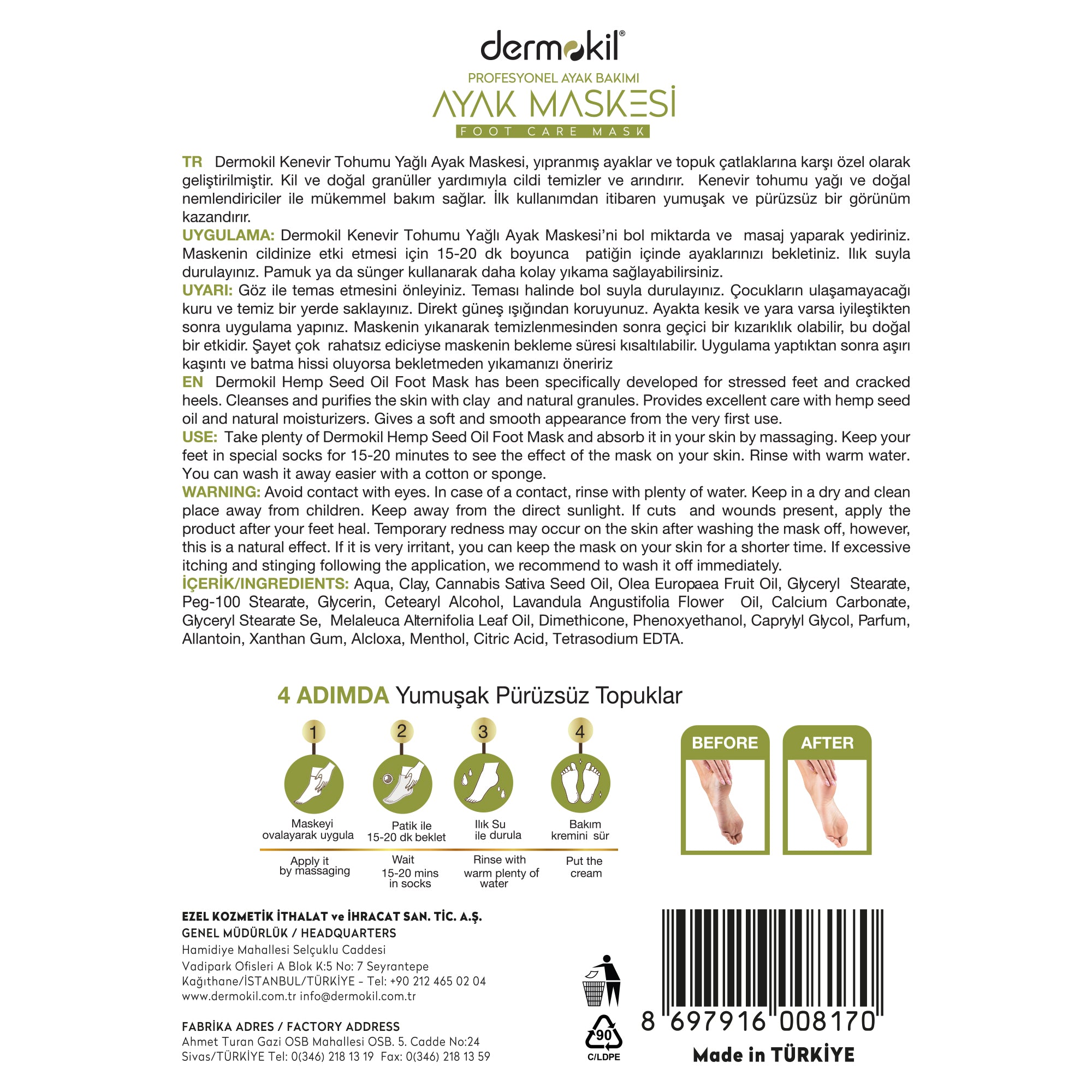 Peeling Etkili Kil Kenevir Yağlı Yoğun Bakım Ayak Maskesi 35 ml - Dermokil