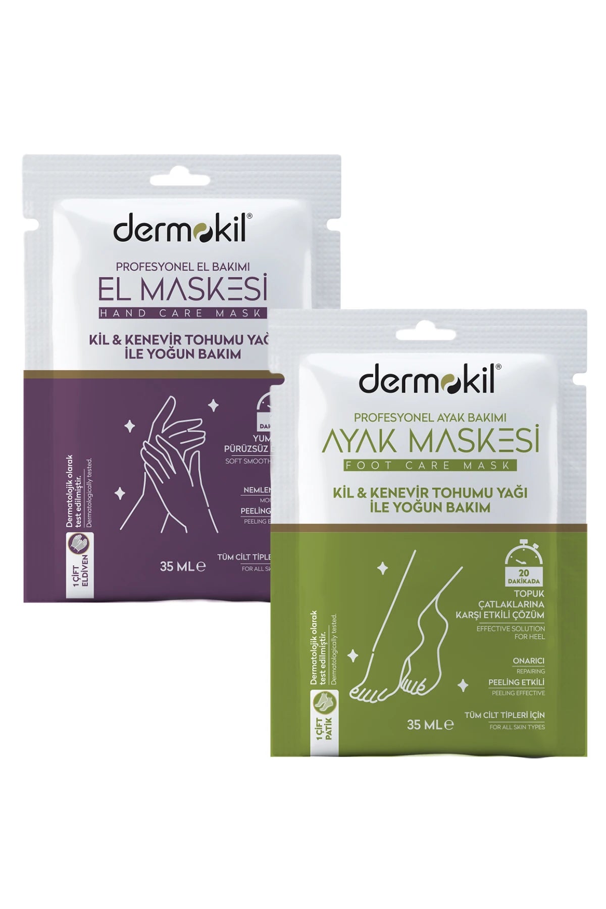Peeling Etkili Kil Kenevir Yağlı Yoğun Bakım Ayak Maskesi 35 ml + El Maskesi 35 ml 2'li Set, Vücut Maskesi, Dermokil.