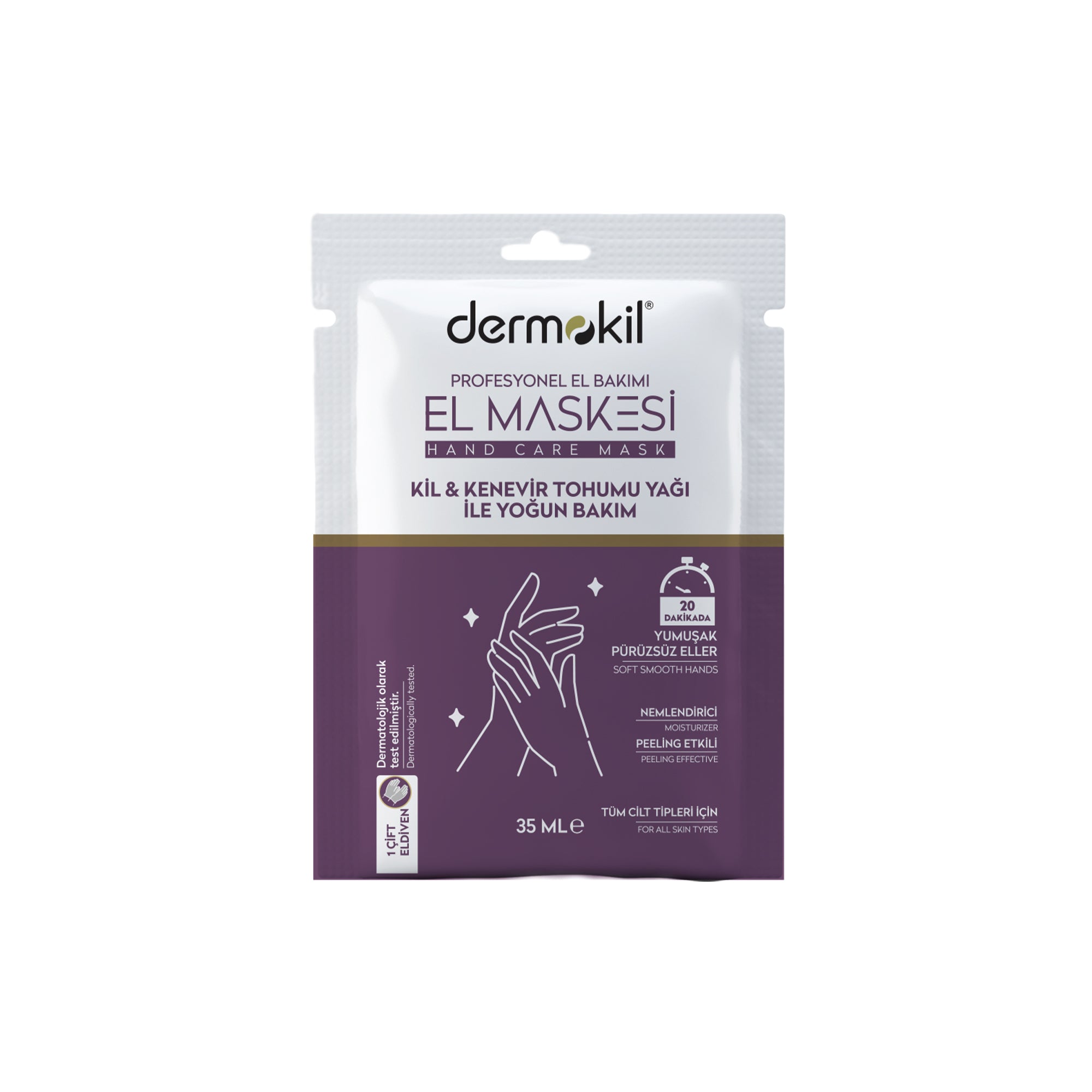 Kil ve kenevir yağı içeren peeling etkili el maskesi ile ölü deriyi nazikçe arındıran, elleri yumuşatan ve daha pürüzsüz bir görünüm kazandırmaya yardımcı olan bakım ürünü