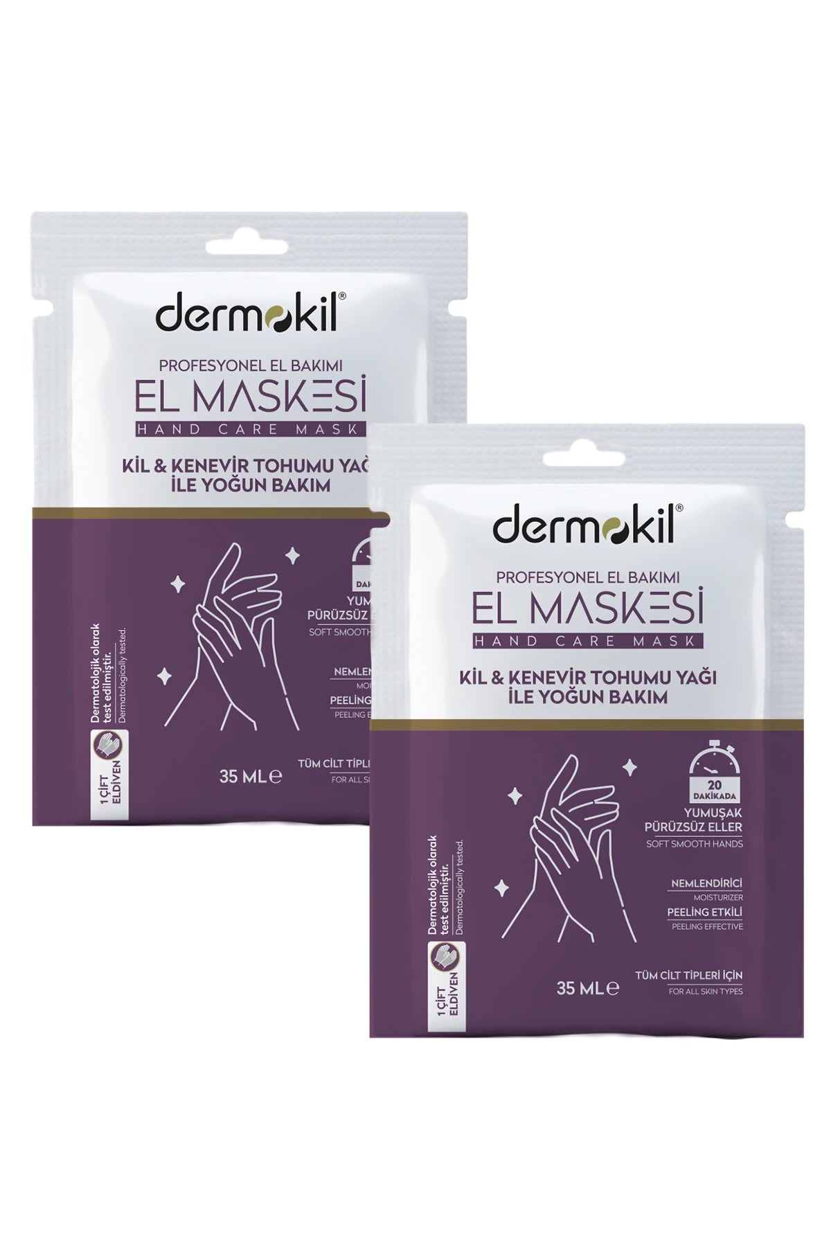 Kil ve kenevir yağı içeren peeling etkili el maskesi 2’li set ile ölü deriyi nazikçe arındıran, elleri yumuşatan ve daha pürüzsüz bir görünüm kazandırmaya yardımcı olan bakım ürünü
