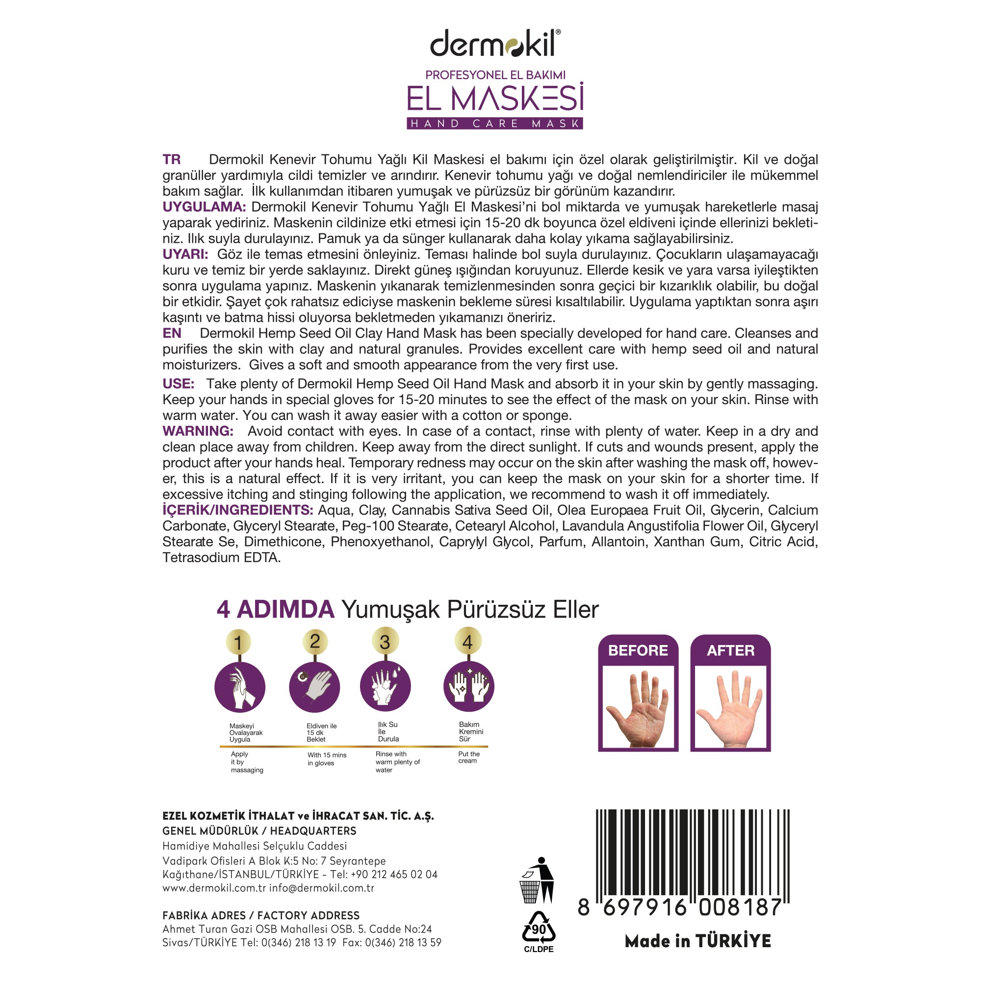 Peeling Etkili Kil Kenevir Yağlı Yoğun Bakım El Maskesi 35 ml - Dermokil