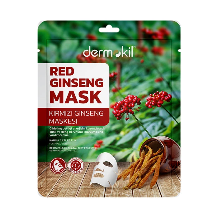 Kırmızı ginseng içerikli kağıt yüz maskesi ile karma ciltleri dengeleyen, cildi canlandıran ve daha sağlıklı, pürüzsüz bir görünüm kazandırmaya yardımcı olan bakım ürünü