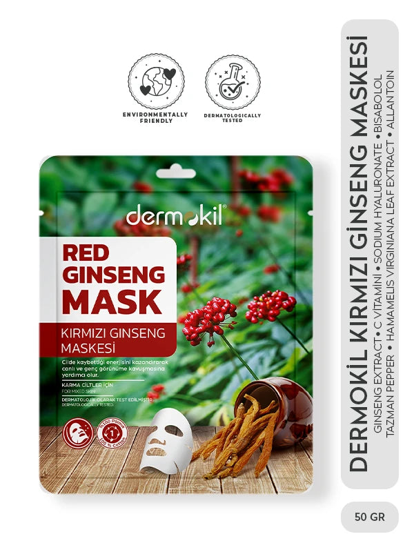 Kırmızı ginseng içerikli kağıt yüz maskesi ile karma ciltleri dengeleyen, cildi canlandıran ve daha sağlıklı, pürüzsüz bir görünüm kazandırmaya yardımcı olan bakım ürünü