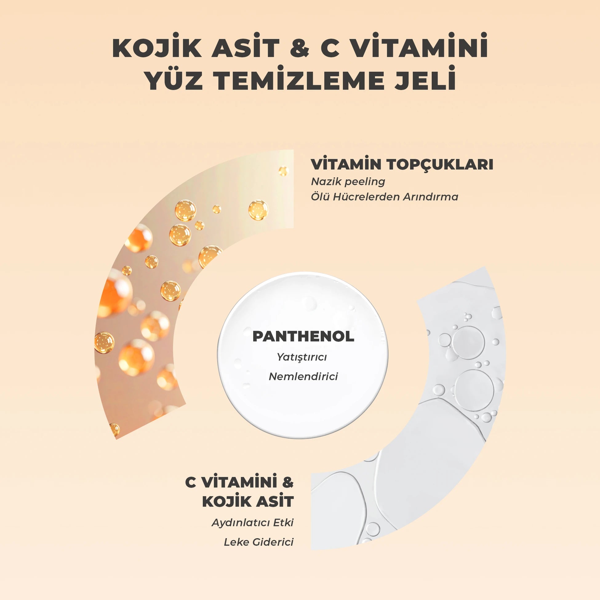 Kojik asit ve C vitamini içeren yüz temizleme jeli ile cildi nazikçe arındıran, leke görünümünü azaltmaya yardımcı olan ve daha aydınlık, eşit tonlu bir cilt görünümü kazandıran bakım ürünü
