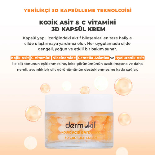 Kojik asit ve C vitamini içeren 3D kapsül krem ile cildi nemlendiren, leke görünümünü azaltmaya yardımcı olan ve daha aydınlık, canlı ve eşit tonlu bir cilt görünümü kazandıran bakım ürünü