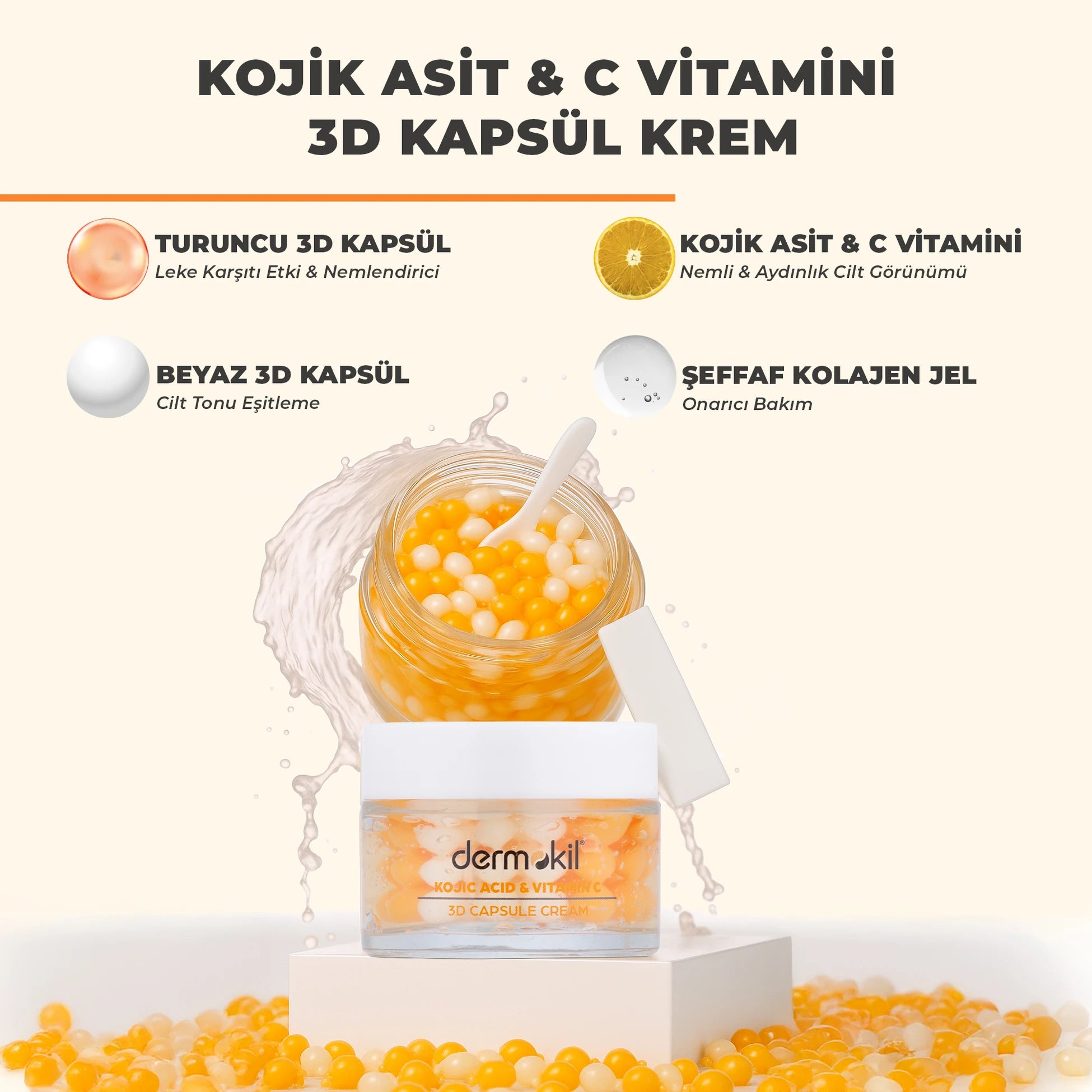 Kojik asit ve C vitamini içeren 3D kapsül krem ile cildi nemlendiren, leke görünümünü azaltmaya yardımcı olan ve daha aydınlık, canlı ve eşit tonlu bir cilt görünümü kazandıran bakım ürünü