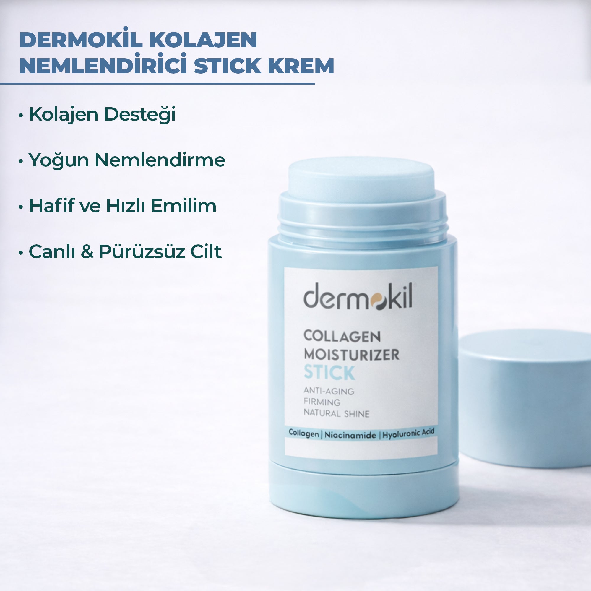 Kolajen içeren nemlendirici stick ile cildi yoğun şekilde nemlendiren, dolgunluk kazandıran ve daha pürüzsüz, canlı ve sağlıklı bir cilt görünümü destekleyen pratik bakım ürünü