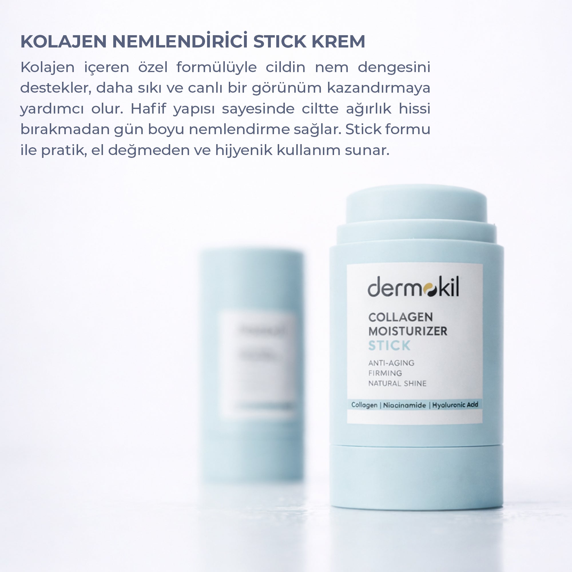 Kolajen içeren nemlendirici stick ile cildi yoğun şekilde nemlendiren, dolgunluk kazandıran ve daha pürüzsüz, canlı ve sağlıklı bir cilt görünümü destekleyen pratik bakım ürünü