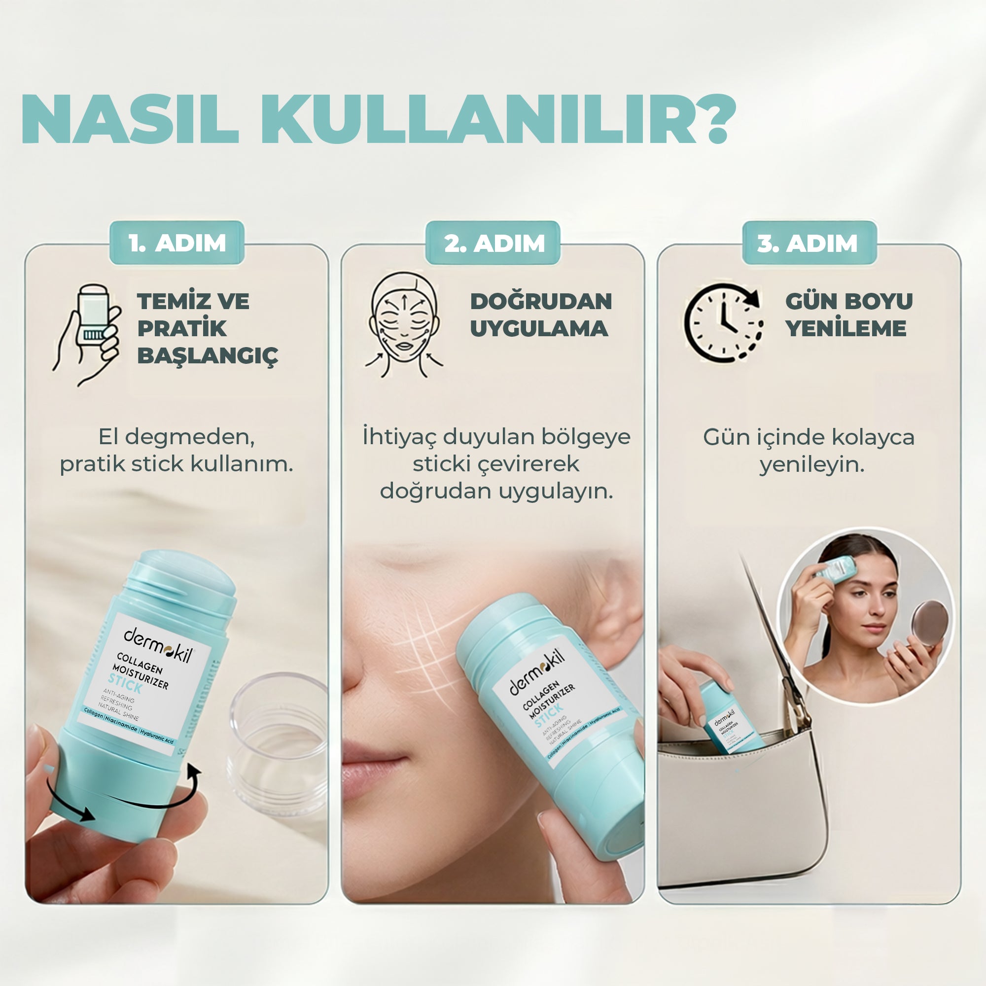 Kolajen içeren nemlendirici stick ile cildi yoğun şekilde nemlendiren, dolgunluk kazandıran ve daha pürüzsüz, canlı ve sağlıklı bir cilt görünümü destekleyen pratik bakım ürünü