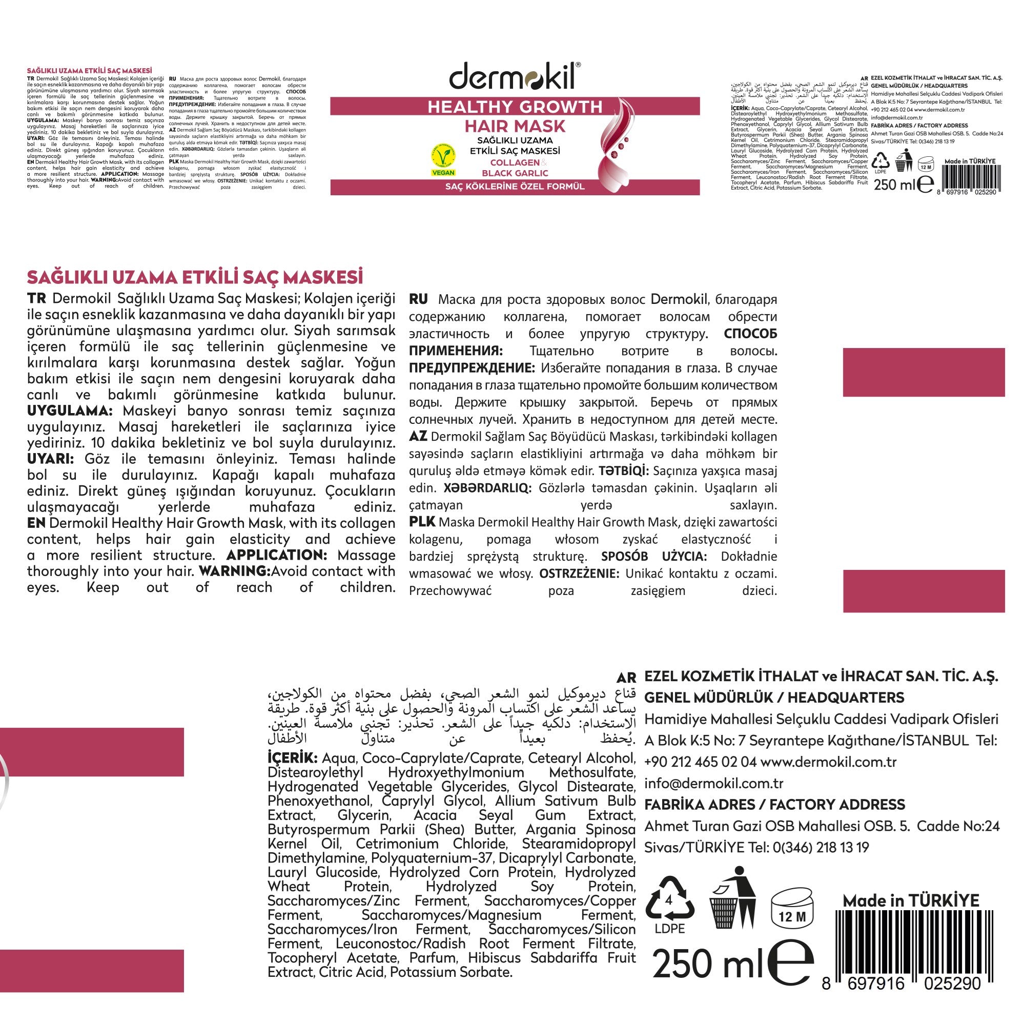 Güçlendirici Kolajen & Siyah Sarımsak Saç Bakım Maskesi 250 ml - Dermokil