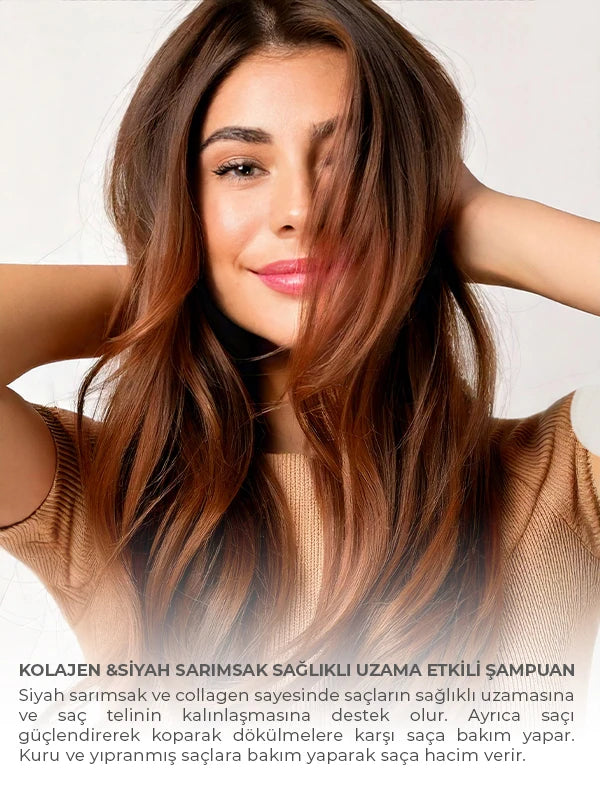 Kolajen ve siyah sarımsak içeren sağlıklı uzama etkili şampuan ile saçları nazikçe temizleyen, saç köklerini besleyerek uzamayı destekleyen ve daha güçlü, dolgun ve sağlıklı saç görünümü kazandıran bakım ürünü